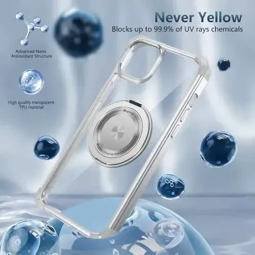 IYTRRYH iPhone 15 uchun g‘ilof Magnit MagSafe simsiz zaryadlash bilan mos, 2 ta ekran himoyachisi bilan, 15 g‘ilof O‘rnatilgan 360° tayanch halqasi, Harbiy darajadagi og‘ir yukdan himoya zarbga chidamli tiniq - 8