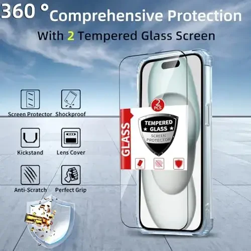 IYTRRYH iPhone 15 uchun g‘ilof MagSafe simsiz zaryadlash bilan mos, 2 ta ekran himoyachisi bilan, iPhone 15 telefon g‘ilofi o‘rnatilgan 360° tirgak halqasi, harbiy darajadagi zarbga chidamli ko‘k - 3