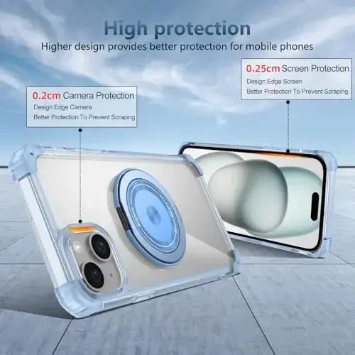 IYTRRYH iPhone 15 uchun g‘ilof MagSafe simsiz zaryadlash bilan mos, 2 ta ekran himoyachisi bilan, iPhone 15 telefon g‘ilofi o‘rnatilgan 360° tirgak halqasi, harbiy darajadagi zarbga chidamli ko‘k - 4