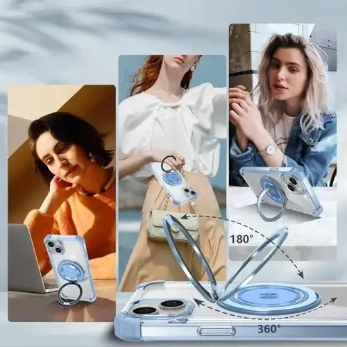 IYTRRYH iPhone 15 uchun g‘ilof MagSafe simsiz zaryadlash bilan mos, 2 ta ekran himoyachisi bilan, iPhone 15 telefon g‘ilofi o‘rnatilgan 360° tirgak halqasi, harbiy darajadagi zarbga chidamli ko‘k - 5