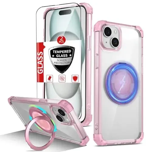 IYTRRYH iPhone 15 uchun g'ilof MagSafe simsiz zaryadlash bilan mos, 2 ta ekran himoyachisi bilan, iPhone 15 telefon g'ilofi o'rnatilgan 360° tirgak halqasi, harbiy darajadagi zarbga chidamli pushti himoya 