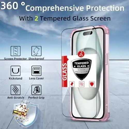 IYTRRYH iPhone 15 uchun g'ilof MagSafe simsiz zaryadlash bilan mos, 2 ta ekran himoyachisi bilan, iPhone 15 telefon g'ilofi o'rnatilgan 360° tirgak halqasi, harbiy darajadagi zarbga chidamli pushti himoya - 3
