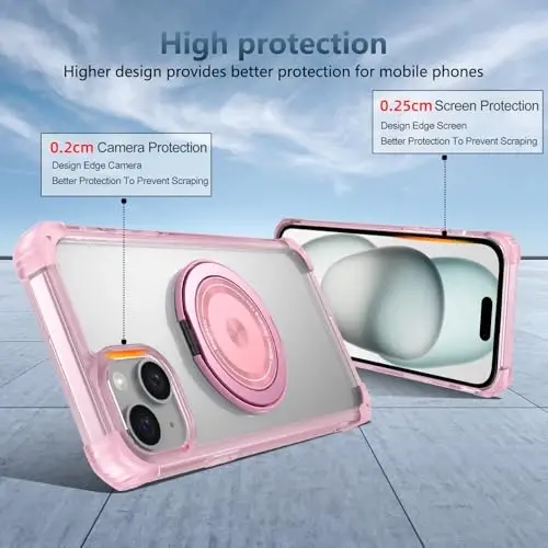 IYTRRYH iPhone 15 uchun g'ilof MagSafe simsiz zaryadlash bilan mos, 2 ta ekran himoyachisi bilan, iPhone 15 telefon g'ilofi o'rnatilgan 360° tirgak halqasi, harbiy darajadagi zarbga chidamli pushti himoya - 4