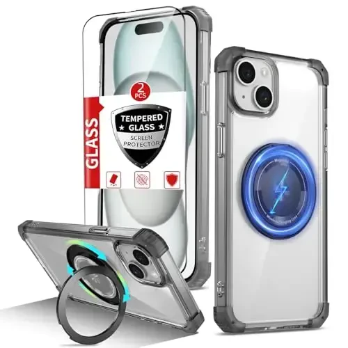 IYTRRYH iPhone 15 uchun magnitli g'ilof MagSafe simsiz zaryadlash bilan mos, 2 ta ekran himoyachisi bilan, 15 ta g'ilof o'rnatilgan 360° tayanch halqasi, harbiy darajadagi og'ir yukdan himoya zarbga chidamli qora - IYTRRYH