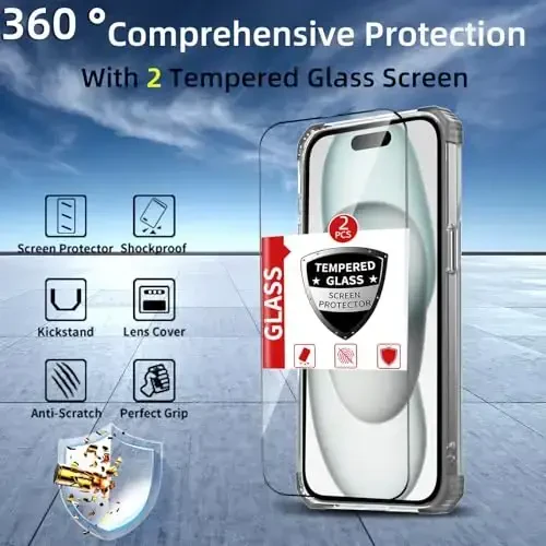 IYTRRYH iPhone 15 uchun magnitli g'ilof MagSafe simsiz zaryadlash bilan mos, 2 ta ekran himoyachisi bilan, 15 ta g'ilof o'rnatilgan 360° tayanch halqasi, harbiy darajadagi og'ir yukdan himoya zarbga chidamli qora - 4