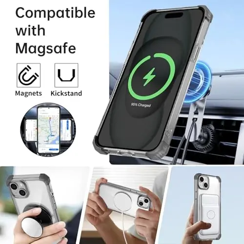 IYTRRYH iPhone 15 uchun magnitli g'ilof MagSafe simsiz zaryadlash bilan mos, 2 ta ekran himoyachisi bilan, 15 ta g'ilof o'rnatilgan 360° tayanch halqasi, harbiy darajadagi og'ir yukdan himoya zarbga chidamli qora - IYTRRYH (1)
