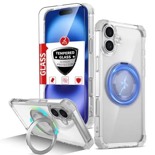 IYTRRYH for iPhone 16 Case Magnetic Compatible with MagSafe Wireless Charging,with 2 Screen Protector,for 16 Case Built-in 360°Kickstand Ring,Military Grade Drop Heavy Duty Protection Shockproof Clear - IYTRRYH