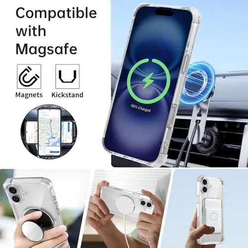 IYTRRYH for iPhone 16 Case Magnetic Compatible with MagSafe Wireless Charging,with 2 Screen Protector,for 16 Case Built-in 360°Kickstand Ring,Military Grade Drop Heavy Duty Protection Shockproof Clear - 2