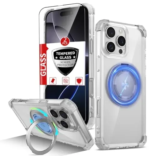 IYTRRYH iPhone 16 Pro Max uchun g'ilof MagSafe simsiz zaryadlash bilan mos, 2 ta ekran himoyachisi bilan, 16 Pro Max uchun g'ilof o'rnatilgan halqasi, harbiy darajadagi zarbga chidamli shaffof 