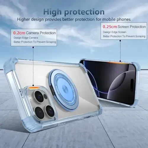 IYTRRYH iPhone 16 Pro uchun g‘ilof Magnit MagSafe simsiz zaryadlash bilan mos keladi, 2 ta ekran himoyachisi, o‘rnatilgan tirgak, 16 Pro telefon g‘ilofi harbiy darajadagi og‘ir yuk himoyasi zarbga chidamli ko‘k - 5