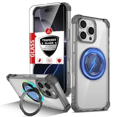 IYTRRYH iPhone 16 Pro uchun g'ilof MagSafe simsiz zaryadlash bilan mos, 2 ekran himoyachisi, o'rnatilgan tirgak, 16 Pro telefon g'ilofi harbiy darajadagi og'ir yuk himoyasi zarbga chidamli qora 