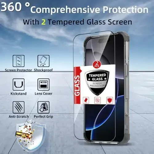 IYTRRYH iPhone 16 Pro uchun g'ilof MagSafe simsiz zaryadlash bilan mos, 2 ekran himoyachisi, o'rnatilgan tirgak, 16 Pro telefon g'ilofi harbiy darajadagi og'ir yuk himoyasi zarbga chidamli qora - 3