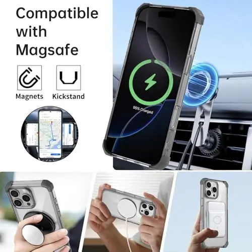 IYTRRYH iPhone 16 Pro uchun g'ilof MagSafe simsiz zaryadlash bilan mos, 2 ekran himoyachisi, o'rnatilgan tirgak, 16 Pro telefon g'ilofi harbiy darajadagi og'ir yuk himoyasi zarbga chidamli qora - 2