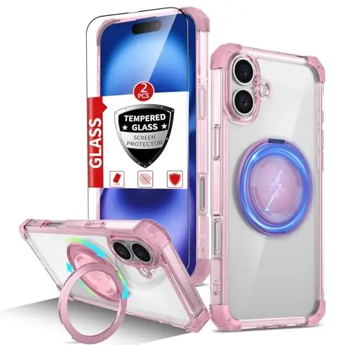 IYTRRYH iPhone 16 uchun g'ilof Magnit MagSafe simsiz zaryadlash bilan mos keladi, 2 ta ekran himoyachisi bilan, 16 g'ilof O'rnatilgan 360° tayanch halqasi, Harbiy darajadagi og'ir yukdan himoya Zarba o'tkazmaydigan pushti - IYTRRYH