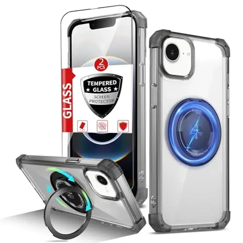 IYTRRYH for iPhone 16E Case Magnetic Compatible with MagSafe Wireless Charging,with 2 Screen Protector,Built-in 360°Kickstand Ring Military Grade Drop Heavy Duty Protection Shockproof Phone Case Black 