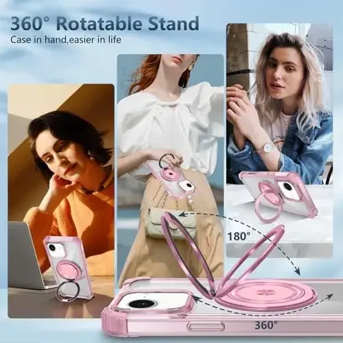 IYTRRYH for iPhone 16E Case Magnetic Compatible with MagSafe Wireless Charging,with 2 Screen Protector,Built-in 360°Kickstand Ring Military Grade Drop Heavy Duty Protection Shockproof Phone Case Pink - 4