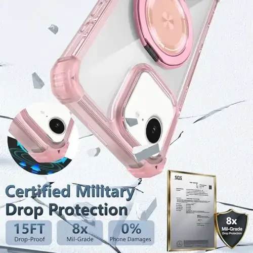 IYTRRYH for iPhone 16E Case Magnetic Compatible with MagSafe Wireless Charging,with 2 Screen Protector,Built-in 360°Kickstand Ring Military Grade Drop Heavy Duty Protection Shockproof Phone Case Pink - 5