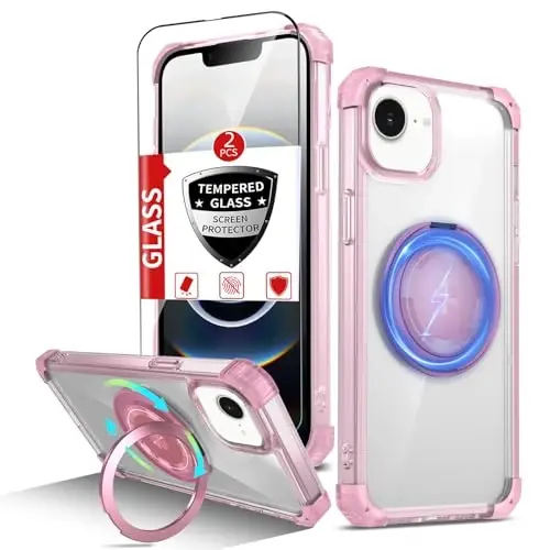 IYTRRYH for iPhone 16E Case Magnetic Compatible with MagSafe Wireless Charging,with 2 Screen Protector,Built-in 360°Kickstand Ring Military Grade Drop Heavy Duty Protection Shockproof Phone Case Pink - 1