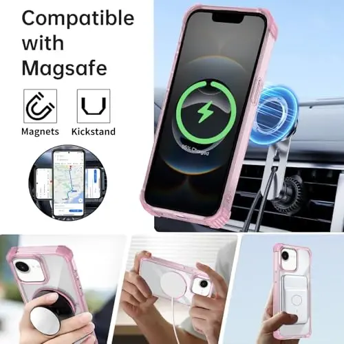 IYTRRYH for iPhone 16E Case Magnetic Compatible with MagSafe Wireless Charging,with 2 Screen Protector,Built-in 360°Kickstand Ring Military Grade Drop Heavy Duty Protection Shockproof Phone Case Pink - 2