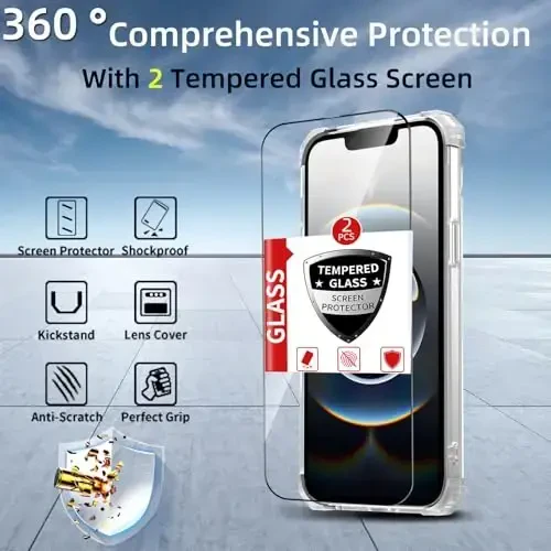 IYTRRYH iPhone 16E uchun g'ilof Magnit MagSafe simsiz zaryadlash bilan mos keladi, 2 ta ekran himoyachisi, o'rnatilgan 360° tayanch halqasi Harbiy darajadagi og'ir vazifa Himoya zarbaga chidamli telefon g'ilofi Clear - 4