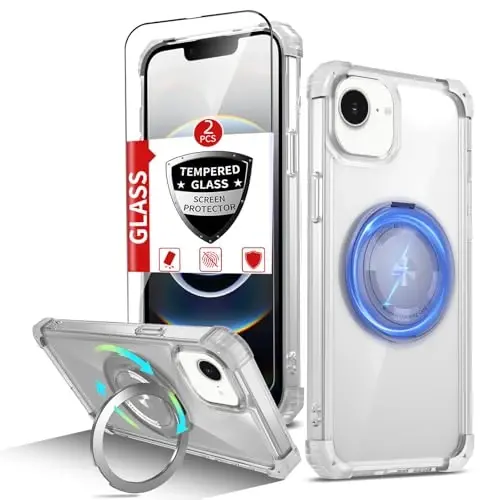 IYTRRYH iPhone 16E uchun g'ilof Magnit MagSafe simsiz zaryadlash bilan mos keladi, 2 ta ekran himoyachisi, o'rnatilgan 360° tayanch halqasi Harbiy darajadagi og'ir vazifa Himoya zarbaga chidamli telefon g'ilofi Clear - 1