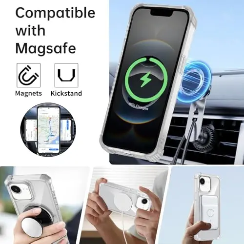IYTRRYH iPhone 16E uchun g'ilof Magnit MagSafe simsiz zaryadlash bilan mos keladi, 2 ta ekran himoyachisi, o'rnatilgan 360° tayanch halqasi Harbiy darajadagi og'ir vazifa Himoya zarbaga chidamli telefon g'ilofi Clear - 2