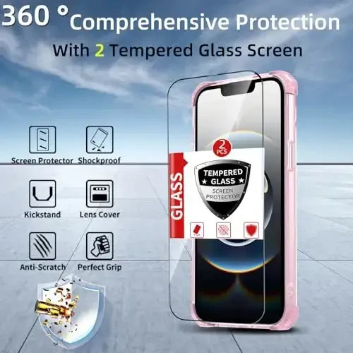 IYTRRYH iPhone 16E uchun g'ilof MagSafe simsiz zaryadlash bilan mos, 2 ekran himoyachisi bilan, o'rnatilgan 360° tirgakli halqali harbiy darajadagi og'ir yuk ko'taruvchi zarbga chidamli telefon g'ilofi pushti - 3