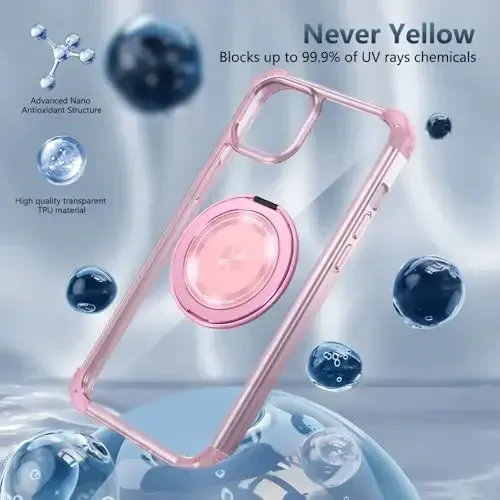 IYTRRYH iPhone 16E uchun g'ilof MagSafe simsiz zaryadlash bilan mos, 2 ekran himoyachisi bilan, o'rnatilgan 360° tirgakli halqali harbiy darajadagi og'ir yuk ko'taruvchi zarbga chidamli telefon g'ilofi pushti - 6