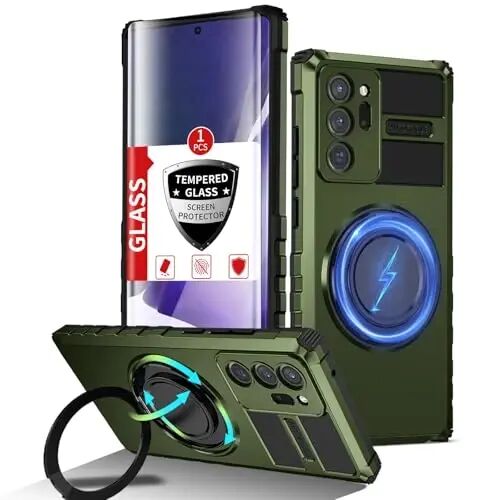 IYTRRYH Magnetic Case for Samsung Galaxy Note 20 Ultra, with Ring Kickstand | for Note 20 Ultra Phone Case Compatible with MagSafe Wireless Charging,with 1 Screen Protector,Heavy Duty Protection, Green - 1