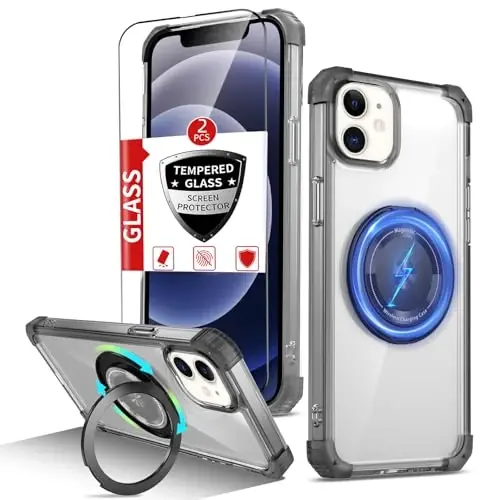 IYTRRYH Magnetic for iPhone 12 Pro Case & for iPhone 12 Case Compatible with MagSafe Wireless Charging,with 2 Screen Protectors, Built-in Kickstand Ring,Military Grade Drop Protection Shockproof Black - 1