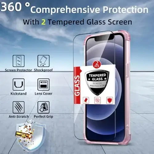 IYTRRYH Magnetic for iPhone 12 Pro Case & for iPhone 12 Case Compatible with MagSafe Wireless Charging,with 2 Screen Protectors, Built-in Kickstand Ring,Military Grade Drop Protection Shockproof Pink - 10