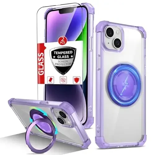 IYTRRYH Magnetic for iPhone 14 Plus Case Compatible with MagSafe Wireless charging,with 2 Screen Protectors,for 14Plus Case Built-in 360°Kickstand Ring,Military Grade Drop Protection Shockproof Purple 