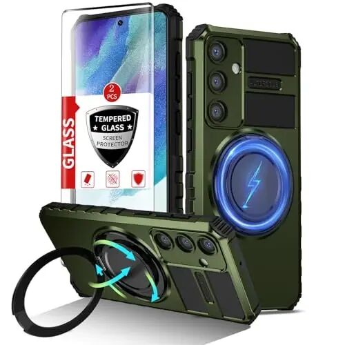 IYTRRYH Magnetic Kickstand Case for Samsung Galaxy S21 FE Wireless Charging | S21 FE Phone Case Compatible with MagSafe,with 2 Screen Protectors,Built-in 360° Ring,Shockproof Heavy Duty Protection,Green - IYTRRYH