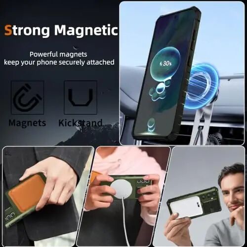 IYTRRYH Magnetic Kickstand Case for Samsung Galaxy S21 FE Wireless Charging | S21 FE Phone Case Compatible with MagSafe,with 2 Screen Protectors,Built-in 360° Ring,Shockproof Heavy Duty Protection,Green - 2