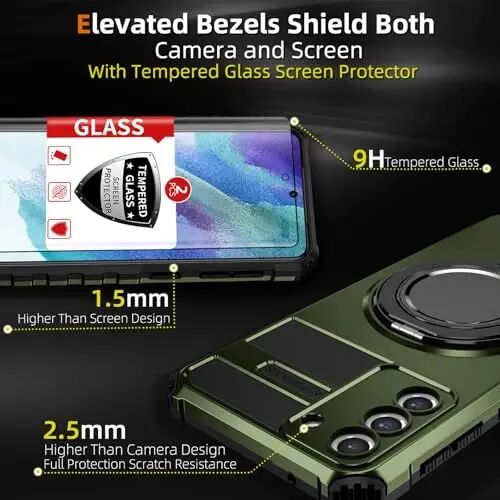 IYTRRYH Magnetic Kickstand Case for Samsung Galaxy S21 FE Wireless Charging | S21 FE Phone Case Compatible with MagSafe,with 2 Screen Protectors,Built-in 360° Ring,Shockproof Heavy Duty Protection,Green - 3