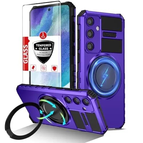 IYTRRYH Magnetic Kickstand Case for Samsung Galaxy S21 FE Wireless Charging | S21 FE Phone Case Compatible with MagSafe,with 2 Screen Protectors,Built-in 360° Ring,Shockproof Heavy Duty Protection,Purple - 1
