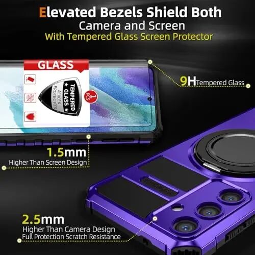 IYTRRYH Magnetic Kickstand Case for Samsung Galaxy S21 FE Wireless Charging | S21 FE Phone Case Compatible with MagSafe,with 2 Screen Protectors,Built-in 360° Ring,Shockproof Heavy Duty Protection,Purple - 3