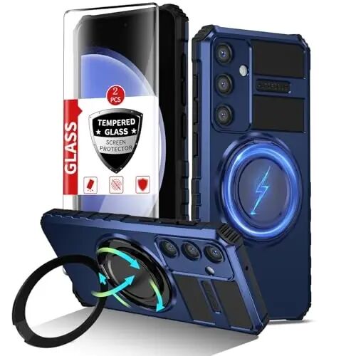 IYTRRYH Magnetic Kickstand Case for Samsung Galaxy S23 FE Wireless Charging | S23 FE Phone Case Compatible with MagSafe,with 2 Screen Protectors,Built-in 360° Ring,Shockproof Heavy Duty Protection,Blue - IYTRRYH