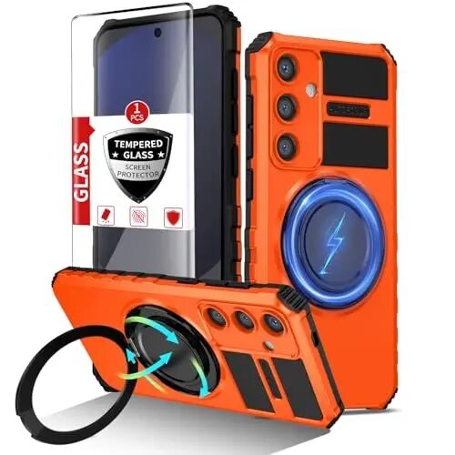 IYTRRYH Magnetic Kickstand Case for Samsung Galaxy S24 FE Wireless Charging | S24 FE Phone Case Compatible with MagSafe,with 2 Screen Protectors,Built-in 360° Ring,Shockproof Heavy Duty Protection,Orange - 1