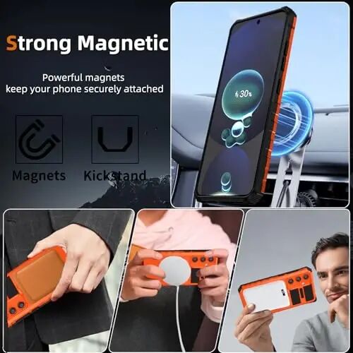 IYTRRYH Magnetic Kickstand Case for Samsung Galaxy S24 FE Wireless Charging | S24 FE Phone Case Compatible with MagSafe,with 2 Screen Protectors,Built-in 360° Ring,Shockproof Heavy Duty Protection,Orange - IYTRRYH (1)