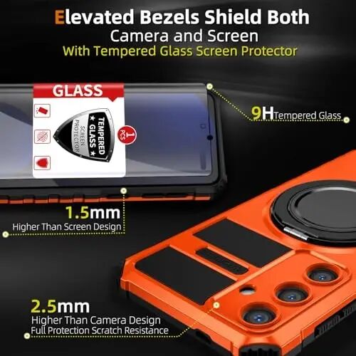 IYTRRYH Magnetic Kickstand Case for Samsung Galaxy S24 FE Wireless Charging | S24 FE Phone Case Compatible with MagSafe,with 2 Screen Protectors,Built-in 360° Ring,Shockproof Heavy Duty Protection,Orange - 3