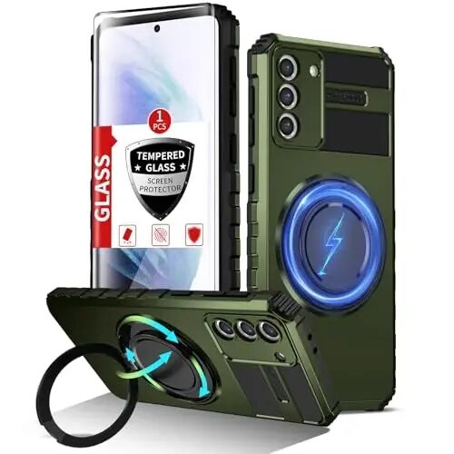 IYTRRYH Magnetic Stand Case for Samsung Galaxy S21 Plus Wireless Charging | S21+ Phone Case Compatible with MagSafe,with Screen Protector,Built-in 360° Kickstand,Shockproof Heavy Duty Protection,Green - 1
