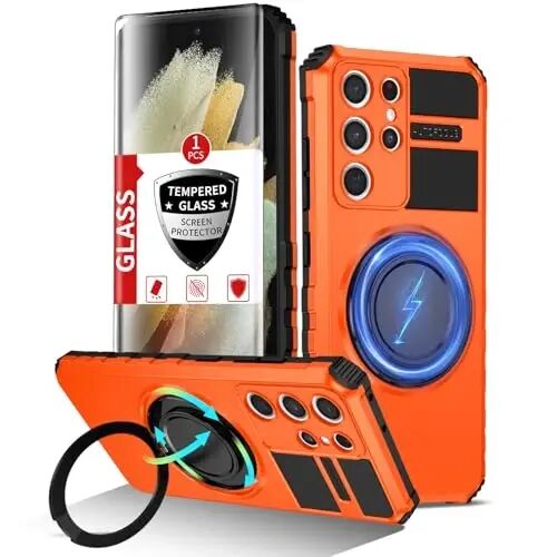 IYTRRYH Magnetic Stand Case for Samsung Galaxy S21 Ultra Wireless Charging | S21 Ultra Phone Case Compatible with MagSafe,with Screen Protector,with 360°Kickstand,Shockproof Heavy Duty Protection,Orange - 1