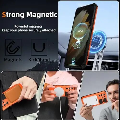 IYTRRYH Magnetic Stand Case for Samsung Galaxy S21 Ultra Wireless Charging | S21 Ultra Phone Case Compatible with MagSafe,with Screen Protector,with 360°Kickstand,Shockproof Heavy Duty Protection,Orange - 2