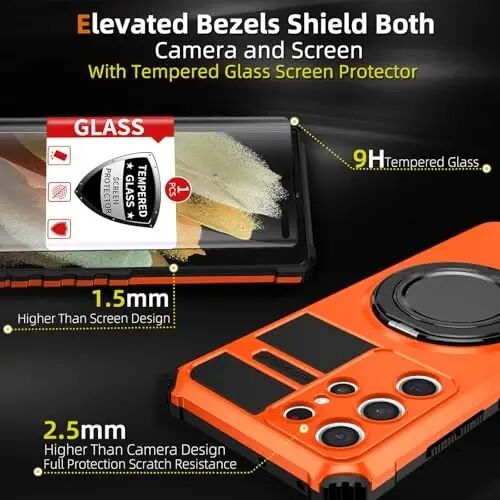 IYTRRYH Magnetic Stand Case for Samsung Galaxy S21 Ultra Wireless Charging | S21 Ultra Phone Case Compatible with MagSafe,with Screen Protector,with 360°Kickstand,Shockproof Heavy Duty Protection,Orange - 3