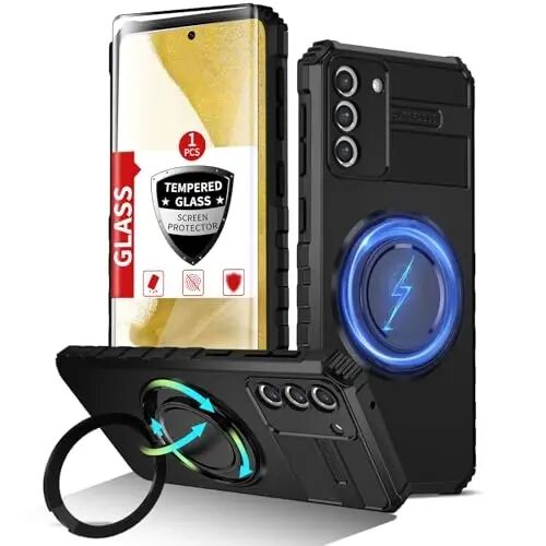 IYTRRYH Magnetic Stand Case for Samsung Galaxy S22 Plus Wireless Charging | S22+ Phone Case Compatible with MagSafe,with Screen Protector,Built-in 360° Kickstand,Shockproof Heavy Duty Protection,Black - 1