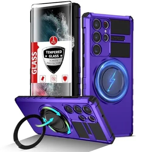 IYTRRYH Magnetic Stand Case for Samsung Galaxy S22 Ultra Wireless Charging | S22 Ultra Phone Case Compatible with MagSafe,with Screen Protector,with 360°Kickstand,Shockproof Heavy Duty Protection,Purple - IYTRRYH