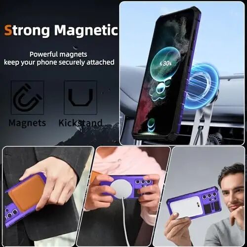 IYTRRYH Magnetic Stand Case for Samsung Galaxy S22 Ultra Wireless Charging | S22 Ultra Phone Case Compatible with MagSafe,with Screen Protector,with 360°Kickstand,Shockproof Heavy Duty Protection,Purple - 2