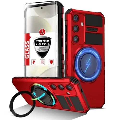 IYTRRYH Magnetic Stand Case for Samsung Galaxy S24 Plus Wireless Charging | S24+ Phone Case Compatible with MagSafe,with Screen Protector,Built-in 360° Kickstand,Shockproof Heavy Duty Protection,Red - 1