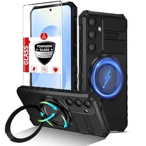 IYTRRYH Magnetic Stand Case for Samsung Galaxy S25 Plus Wireless Charging | S25+ Phone Case Compatible with MagSafe,with Screen Protector,Built-in 360° Kickstand,Shockproof Heavy Duty Protection,Black - 1